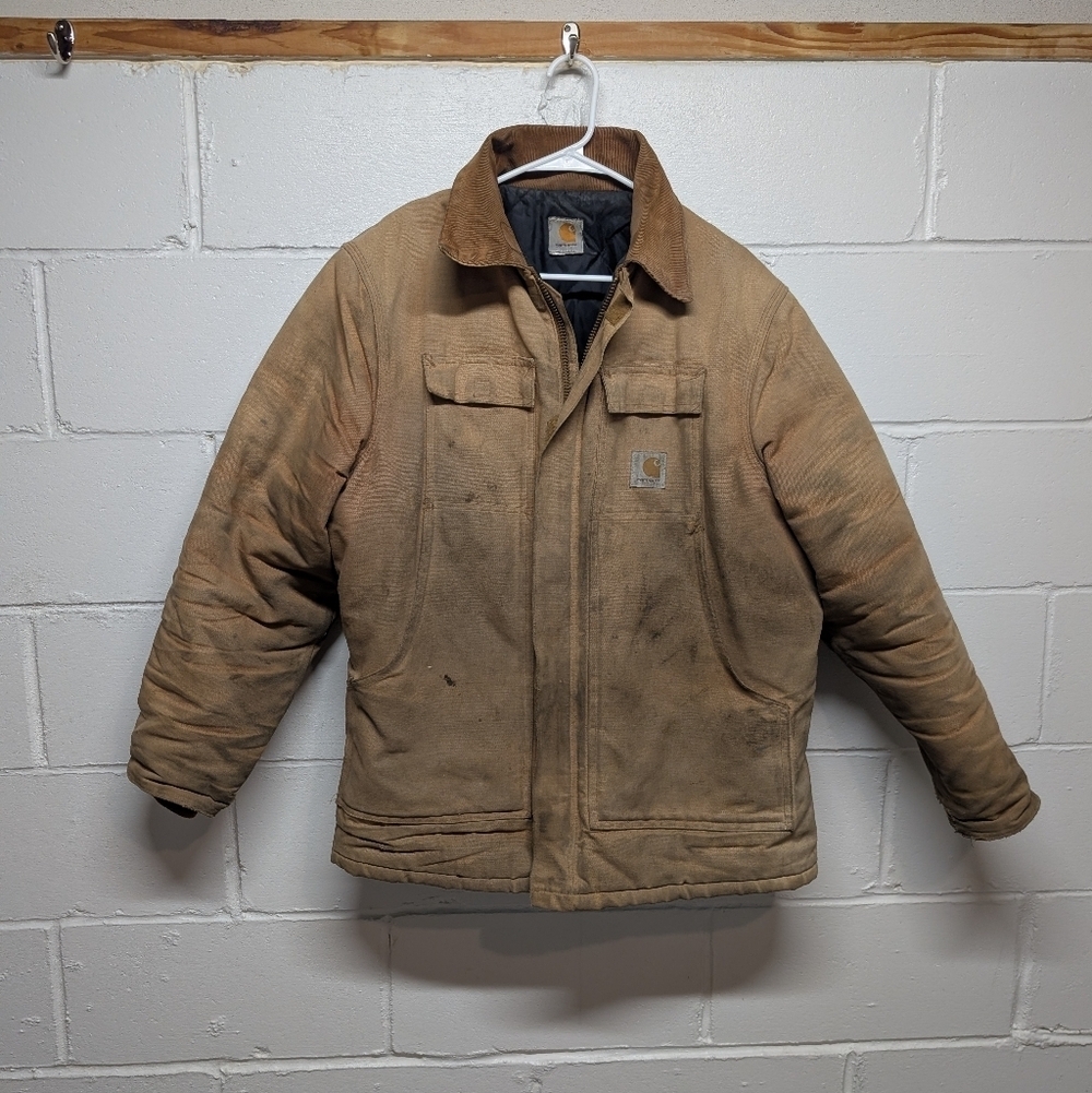 Vintage CARHARTT Tan Grunge Tattered Thrashed Distessed Work Chore Jacket Large
